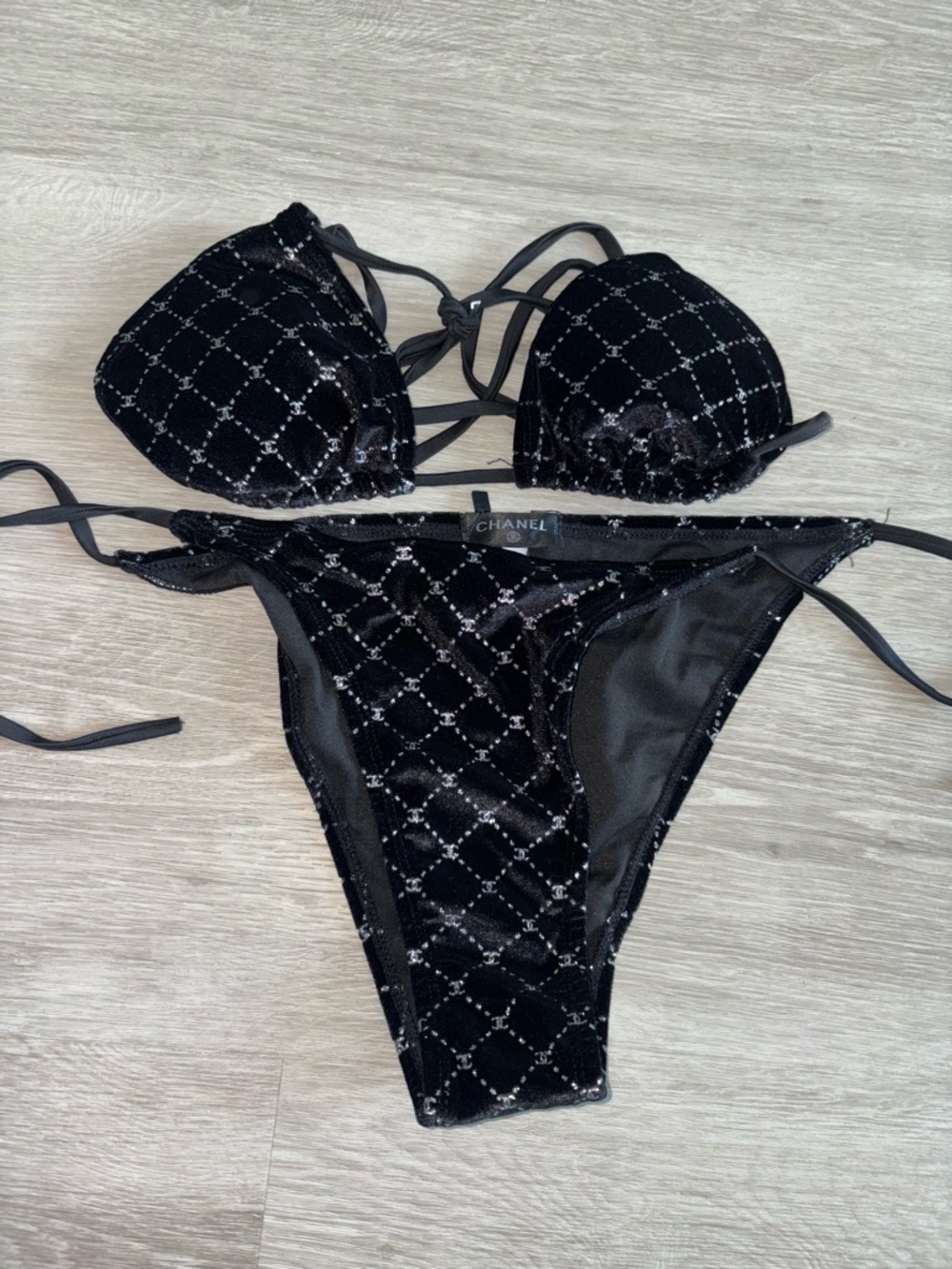 Black Quilted Velvet Bikini Set